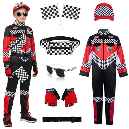 ZJKUBOIS Costume de pilote de course pour enfant garçon - Accessoires de costume de course avec casquette de course, gants, sac banane, lunettes de soleil, mini drapeau à carreaux, formule 1