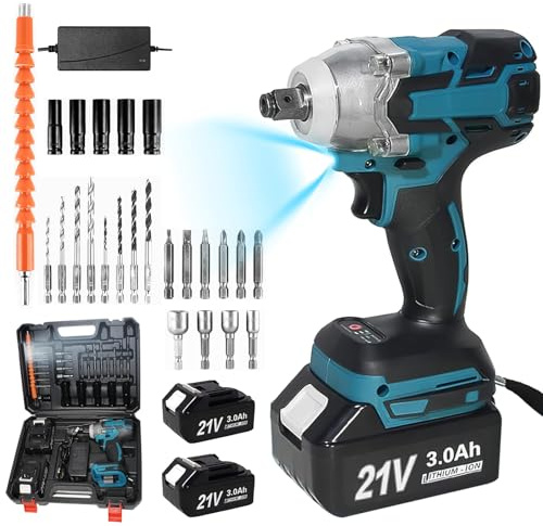 Fizuuye Clé à Chocs Sans Fil, Boulonneuse a Choc Electrique avec 2 Batteries, 21V Electrique 3 en 1 Visseuse, 520N.m Visseuse a Choc, avec lumière LED, 5 Douilles à Chocs, pour Maison/Voiture/DIY