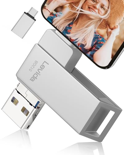 512 GB USB-minne för telefon, Levida pennenhet, pennenhet, USB 3.0 pennenhet, 4-i-1, Photostick, USB-typ C nyckel med iOS, Android, typ C-port/smartphone, dator, bärbar dator, PC, silver