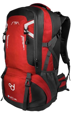 OcioDual Mochila Senderismo 60 Litros, Mochila Trekking, Montaña y Camino de Santiago, Multifuncional, Ligera, Mochilas Hombre para Camping, Acampada, Marcha Nórdica, Supervivencia, Rojo