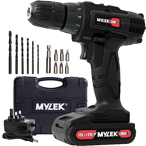 MYLEK MYCCB1 18V Cordless Drill Driver Lithium Ion Powerful Battery Electric Screwdriver Set, 18 Volts, 13pce Accessories Kit, Black (18V 2 Speed)