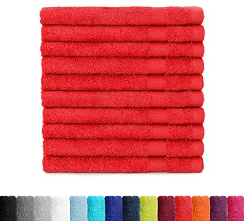 BaSaTex - Handtuch Set für Gäste 10er Pack - Frottee-Handtücher mit Aufhängeschlaufe aus weicher Baumwolle in 30x50cm - Waschtücher für Gäste Öko-Tex Made in Green Zertifiziert - Rot