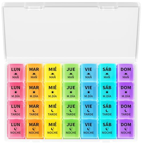 Opret Pastillero Semanal 4 tomas Español, Pastillero Diario con 28 Compartimentos, Organizador Pastillas y Dispensador Comprimidos para Viaje