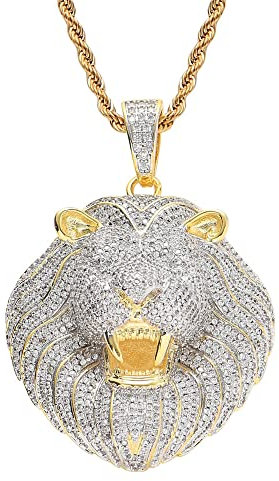 Fantex Collar chapado en oro con dije de rey del león salvaje, colgante de 5 A con diamantes de laboratorio con cadena de cuerda de Hip Hop para hombres y mujeres