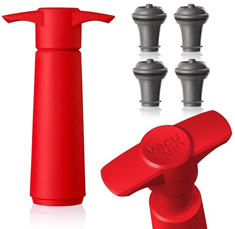 Vacu Vin Bomba de vino roja con tapón de vino al vacío, mantiene tu vino fresco hasta 10 días, 1 bomba, 4 tapones, reutilizable, fabricado en los Países Bajos