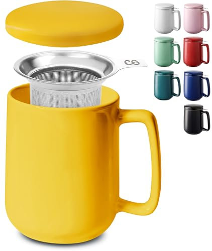 Teetasse mit Sieb und Deckel - Keramik Gelb - Hält Lange warm - 500ml XXL Groß - Spülmaschinenfest
