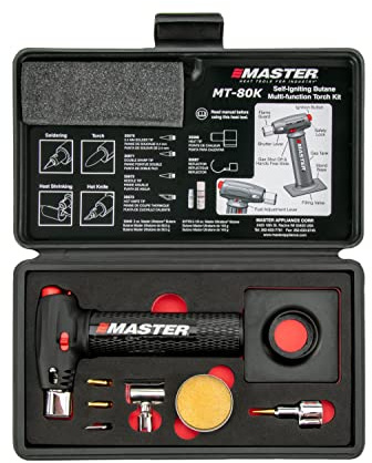 Master Appliance MT-80K Butane Micro Torch Kit [Butane Torch, Flameless Heat Tool, Soldering Iron & Hot Knife] Hand Held, Refillable with Butane Fuel, Adjustable Flame, Case with Attachments