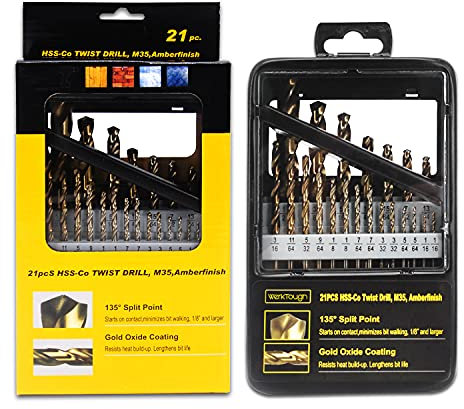 Powertough Titanium Drill Bit Set - 21-Piece M35 Co 5% High Speed Steel HSS for Steel Alloy and Other Hard Metals Fully Ground with 135°Split Point Drill Bits in Deluxe Metal Box E01014