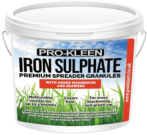Pro-Kleen Iron Sulphate Spreader Granules 2.5kg - No Mixing Ready to UseCovers up to 83m2 - With added Magnesium and Seaweed - Ferrous Sulphate - Fast Acting Grass Greening Fertiliser