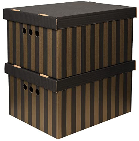 Cardboard Storage Boxes with Lid, Decorative Wardrobe, Closet, Home & Office Organiser with Handle, Flat-Packed, Stackable File Box, Gift for Adults & Kids, Set of 2, XLarge - Gold and Black Stripes
