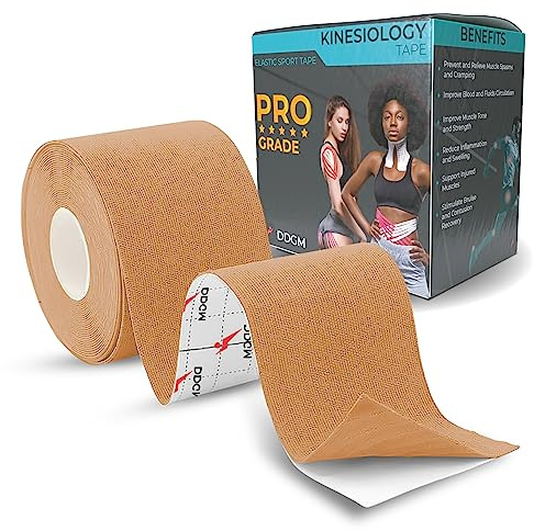 KinesioTape Professionale 5cm x 5m Idrorepellente Tape Kinesiologico in Cotone Traspirante Latex Free Colla Ipoallergenica Elasticità 140%-160% Cerotto Ginocchio e Articolazioni 1 Roll Pelle Scura