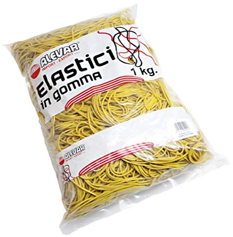 Alevar Elastici in Gomma da Ufficio, Diametro 20 mm, Spessore 1,5 mm, Colore Giallo, Confezione in Busta da 1 kg