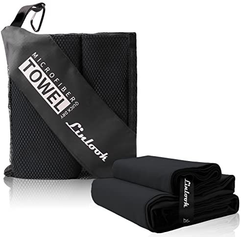 Linlook Microfaser Handtücher - Schnelltrocknend und Kompakt Badetuch Sporthandtuch Strandtuch für Travel Yoga Camping Beach Gym (Set (180x80 + 100x50cm), Schwarz)