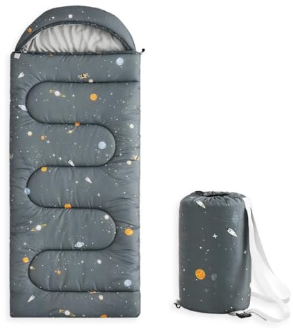 Wake In Cloud - Kids Sleeping Bag for Boys Toddlers, Camping in Warm Cold Weather, Backpacking Lightweight Compact Outdoor Liner for 3 Seasons, Galaxy Space, Gray