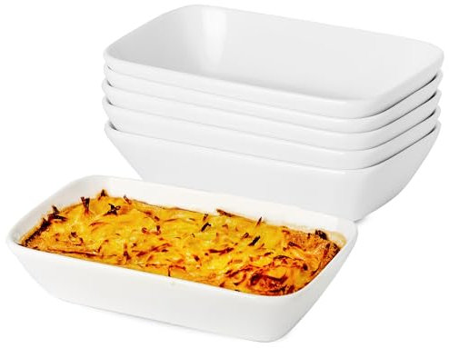 Set di 6 Pirofile da Forno in Ceramica, Teglia da Forno Rettangolare, Stampi in per Cottura Smaltata per Torte, Lasagne, Bianco, 18x11x4cm