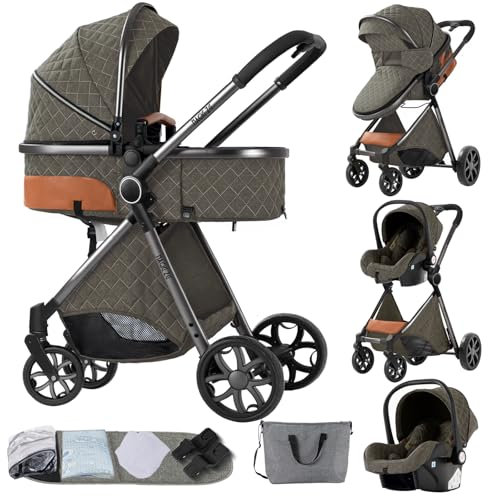 NADDLILY Kinderwagen 3 in 1, Buggy mit Umkehrbarem Zwei-Wege-Schub, Kinderwagen mit Faltbarem Tragbarem One-Click-Design, Kinderwagen 3 in 1 Komplettset mit Zubehör Hohe Landschaft (V9 Deep Grey)