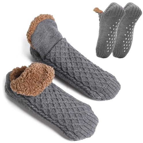 Yaopelky Calcetines cálidos para hombre, antideslizantes, de punto, suaves, acogedores, mullidos, térmicos, para invierno, esponjosos, para dormitorio, Gris, 7-10.5