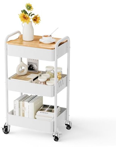 Shrivee Carrito con Ruedas de 3 Niveles con Mesa, Carrito de Servir, Carrito Multiusos de Metal, Estante con Ruedas, Organizador, Estante de Cocina, Carrito Multiusos Estable para Cocina(Blanco)
