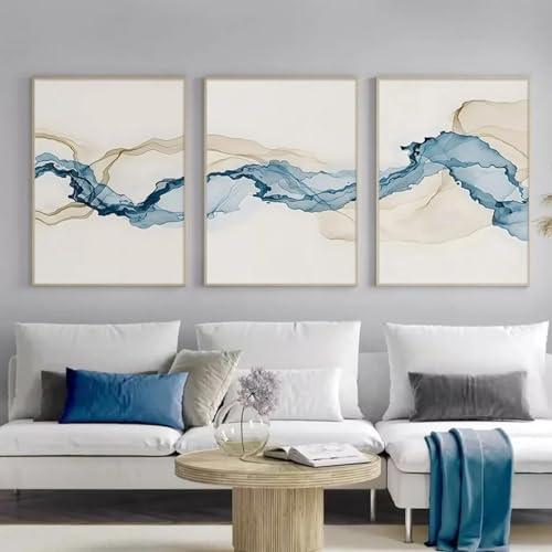 Pintura en lienzo, carteles abstractos beige y azules, arte de pared, imágenes impresas minimalistas, sala de estar, decoración del hogar, 30x50cmx3 sin marco