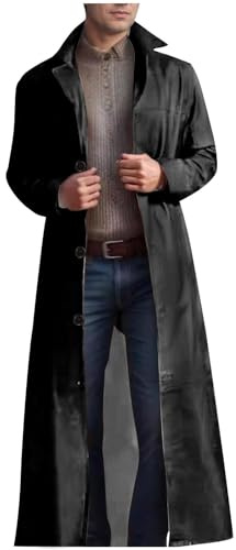 GULASISI Veste longue en cuir pour hommes - Manteau trench en cuir - UK - Coupe-vent gothique steampunk - Avec col et boutons - Chaud - Longueur complète, Noir , 4XL