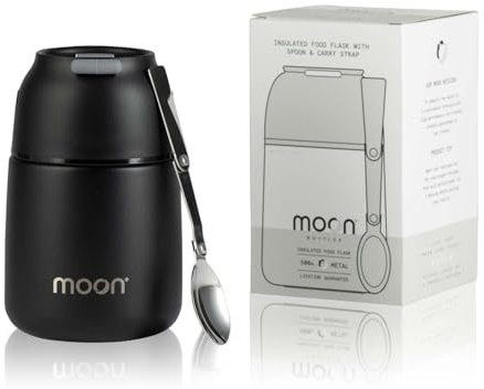 Moon Food Flasks For Hot Food - Insulated, Stainless Steel, Thermal Lunch Box, Soup Containers, Food Jars for Kids & Adults, Free Spoon, Leakproof, UK Company (500ml Black)