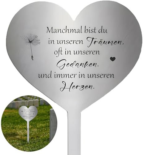 shockassist Grabschmuck Wetterfest, Grabstecker Edelstahl Herz, Grabdekoration mit Spruch du Manchmal Bist du in Unseren Träumen, Oft in Unseren Gedanken und Immer in Unseren Herzen -für Gärten Höfe
