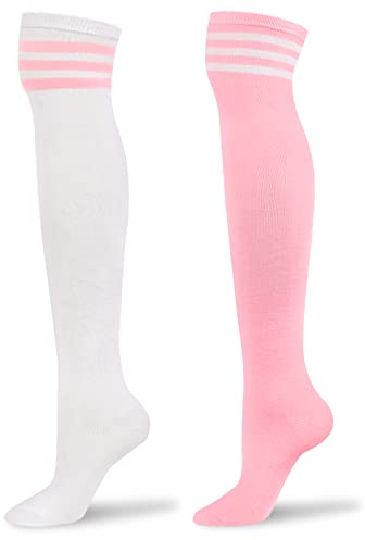 LittleForBig Knee High Thick and Soft School Girl Long Striped Tube Stockings College Style Socks 2 Pairs Set L - White and Pink
