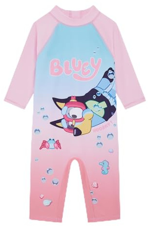 Bluey Official Girl's Swimsuit, One Piece Swimming Costume Sun Suit Featuring, Age 3-4 Years Pink/Blue