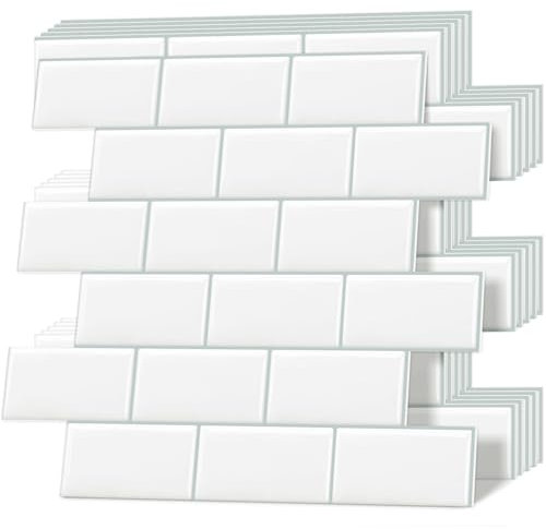 Tiwoos Dickere 3d Klebefliesen Fliesen, Weiß Metro Fliesen Küchenrückwand Wandfliesen Selbstklebend,10-Stück (30,5 x 30,5 cm)