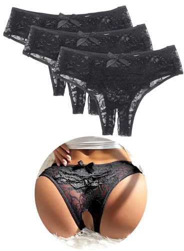 ohyeahlady Tanga Ouverte Sexy à l'Entre Jambe Grande Taille String Dentelle Fendu Hot Culotte Brésilien Coton sans Couture Tenue Hot sous Vetement Lingerie Ouverte Vetement Chic(3Noir,S)