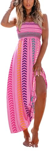 CUPSHE Women's Maxi Dress Ditsy Floral Sleeveless Smocked Ruffled Spaghetti Straps Long Summer Beach Dresses Hot Pink