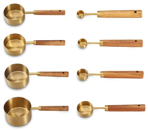 8 Piece Measuring Cups and Spoons Set, Measuring Scoop with Wooden Handle, Coffee Scoops for Baking Cooking Kitchen, Ergonomic Dry Liquid Ingredients