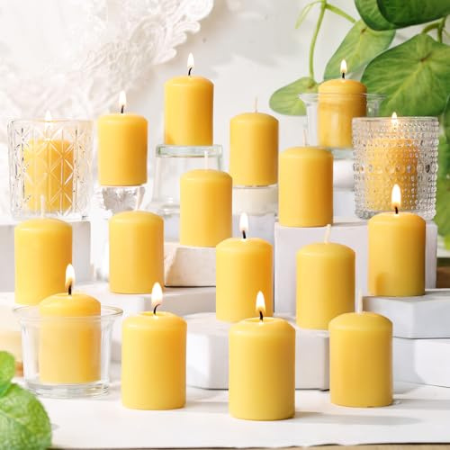 11 Hour Long Burning Beeswax Votive Candles,24 Pack Natural Yellow Unscented Small Pillar Candles for Weddings, Home Decor and Spa, Smokeless & Dripless Votive Candle Bulk Set
