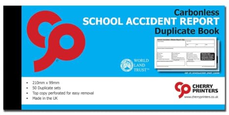 Cherry Printers Carbonless School Accident Report Duplicate Book GDPR | 99mm x 210mm | 50 2part Sets | Both Copies Perforated | Ideal for Schools, Nurseries & Childcare Providers