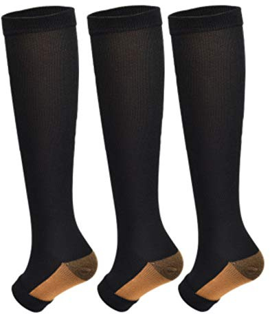 WOGOSVOR 3Pairs Open Toe Toeless Compression Socks(15-20mmHg) for Men and Women Support Stocking (Black, L/XL)