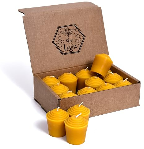 100% Pure Beeswax Votive Candles - USA-Sourced Handmade Votives for Home, Christmas, and Advent, Smokeless Unscented 12 Candle Set with Natural Honey Aroma, 1.96 x 1.77 Inches, by BeeTheLight