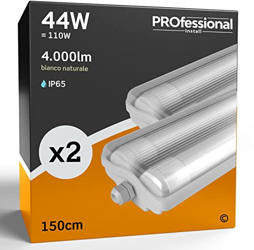 Eurocali 2x Plafoniera LED a 2 Tubi 150cm Impermeabile 44W (2x 22W) Trasparente IP65 4000 lumen - Forma: Tubolare - Luce Bianco Naturale 4000K- Fascio Luminoso 120°