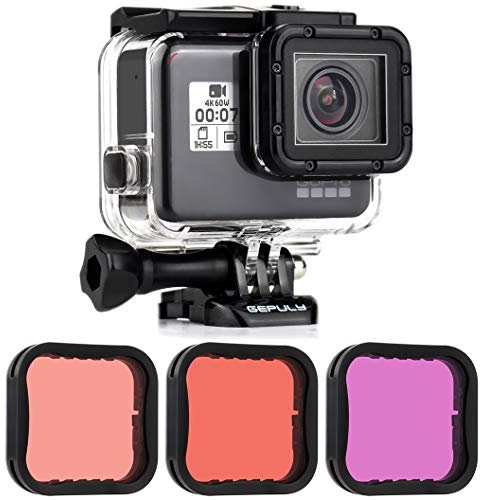 GEPULY Waterproof Housing Case with Dive Filter Super Suit for GoPro Hero 7/6/5 Black, Hero (2018) Camera - 45M Underwater Photography - with Red, Light Red(Snorkel) and Magenta Filters