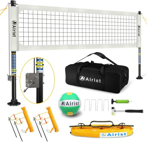 Airist Robustes Volleyballnetz für den Außenbereich mit Stahl-Anti-Beschlag-System, verstellbare Aluminiumstangen, professionelles Volleyballnetz-Set für Garten und Strand, Volleyball und Tragetasche