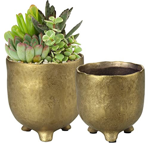 Oairse Gold Blumentopf Keramik, Keramik-Gold-Pflanzgefäße für Zimmerpflanzen, Set mit 2 kleinen Sukkulenten-Töpfen mit Beinen, Blumentöpfe für Schlangenpflanzen, Kräuter im Innenbereich, 14 cm/11 cm