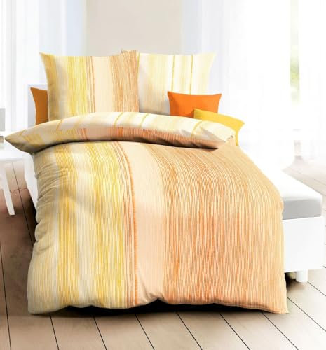 Kaeppel Edel Seersucker 2 TLG. Wende Bettwäsche Cortina Gelb Orange Farbverlauf Streifen Baumwolle, Größe:155x220cm Bettwäsche