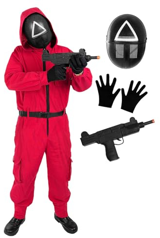 Funidelia Official Squid Game Netflix Costume for Men and Women with triangle mask and weapon, Squid Game Jumpsuit for Adult, Carnival, Halloween and Party Costumes - Size M - L