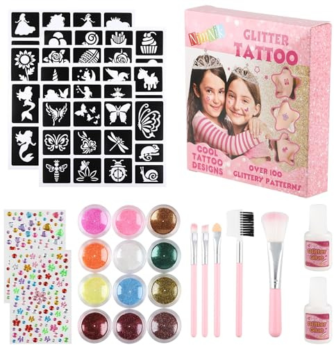 NimNik Girls Glitter Tattoo Kits – 100+ Temporary Glitter Tattoos for Girls 12 Colours Gems Brushes Glue – Birthday Gifts Waterproof Party Tattoo Kit