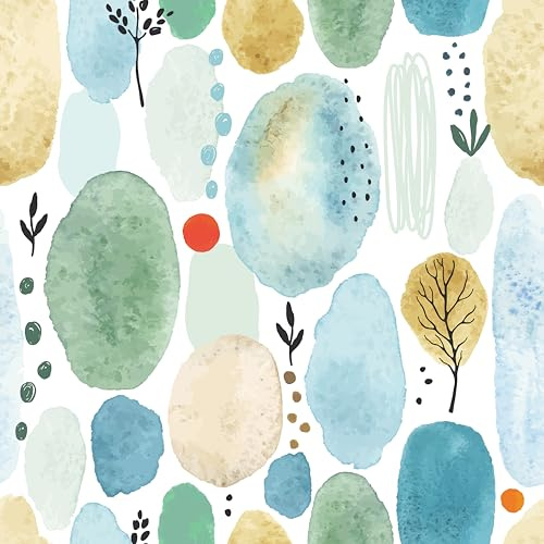 Yullpaper Carta Da Parati Adesiva Muro Floreale Moderna Pellicola Adesiva Per Mobili Carta Da Parati Verde e Blu Per Soggiorno Bambini Motivo Floreale e Foglie Rivestimento Mobili Adesivo 44,5 x 300cm