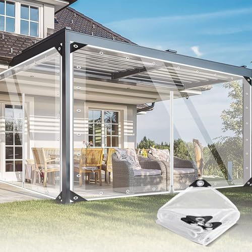 Transparent presenning, 420 g/m² transparent PVC-presenning med öljetter och dragkedja, vattentät utomhusgardin, vindskydd och regnskydd för paviljong, carports, balkonger, terrasser (2 x 2,5 m)