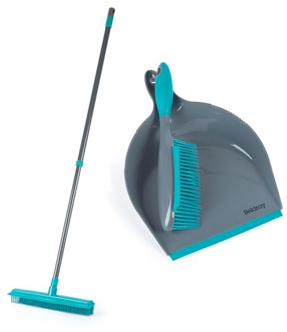 Beldray Antibac Pet Plus+ Dustpan & Brush with Rubber Broom – Rubber Bristle Sweeping Brush, Extendable Handle, Dustpan & Brush Set with Squeegee, Remove Dog/Cat Hair, Pet Fur, Dirt & Dust, COMBO-9267