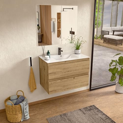 BELLOBATH - Mueble Baño Suspendido con Lavabo de Cerámica, Mueble Baño con Lavabo Montado con 2 Cajones, 60 x 55 x 46 cm, Mueble Roble