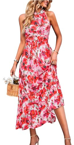 STYLEWORD 2025 Robe Femme Longue d'été Fleurie à col Licou sans Manches Robe Longue de Plage avec Poches