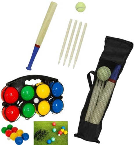 LND Gifts Garden Games Set Of 2 Boules And Rounders Duo, Outdoor Games For Kids, Rounders Bat And Ball Kids Throwing Toys, Outdoor Activities For Children And Adults, Playground Activities