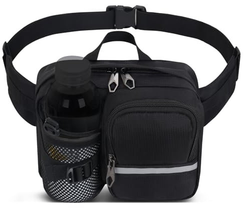 Bauchtasche Gürteltasche Gürtel mit Flaschenhalter Damen und Herren Modern Umhängetaschen Brusttasche Wasserabweisende Hüfttasche für Reise Sport Running und Alle Outdoor Aktivitäten (Black)